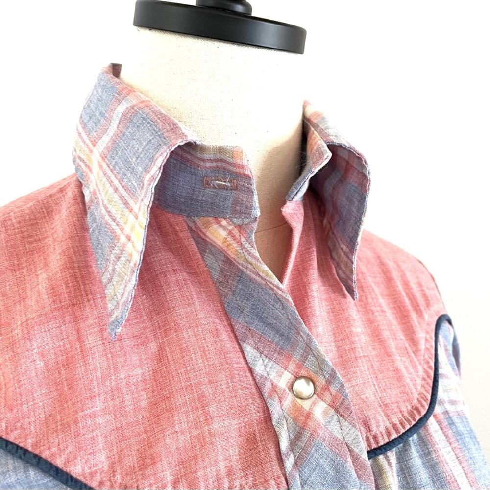 Vintage Pastel Western Pearl Snap Shirt Pink and Blue Plaid Fenton - Picture 9 of 14